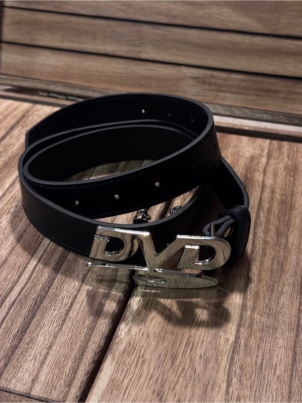 DVDBlack Leather Men's Belt with Silver DVD Logo Buckle